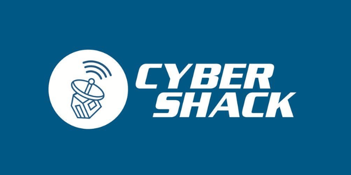 The logo for Cyber Shack, featuring a white circle with a satellite dish icon and the text