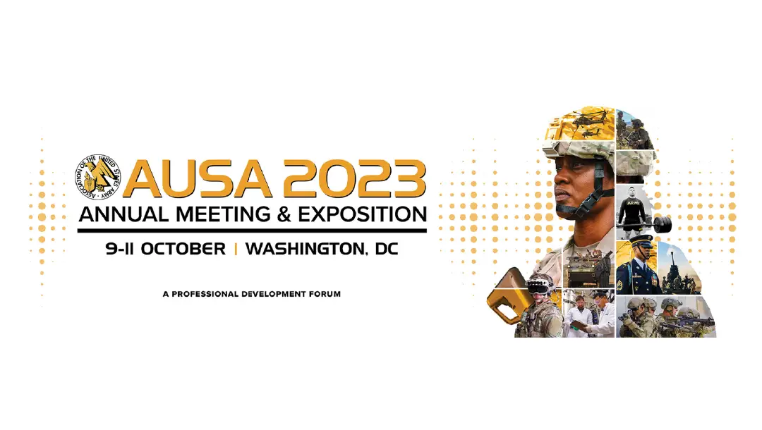 The logo for the Association of the United States Army's 2023 Annual Meeting and Exposition, featuring the event name, dates, and location