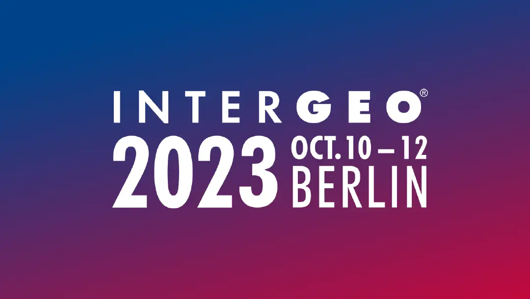 The logo for INTERGEO 2023, featuring the event name, dates, and location in white text on a blue-to-red gradient background