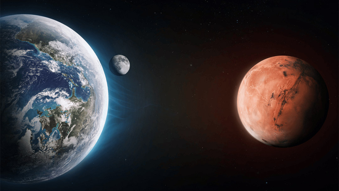 A digital illustration of Earth, the Moon, and Mars, positioned in space